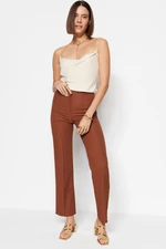 Trendyol Brown Straight/Straight Fit Prążkowane Tkane Spodnie Z Wysokim Stanem