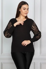 Şans Women's Plus Size Black Flocked Sleeves Tulle Blouse