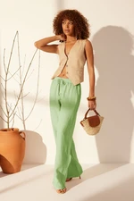 Trendyol Mint 100% Linen Elastic Waist High Waist Wide Leg Trousers