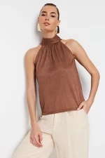 Trendyol Brown High Neck Regular Fit Pleated Knitted Blouse