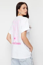 Trendyol White 100% Cotton Back and Front Slogan Printed Oversize/Casual Cut Knitted T-Shirt