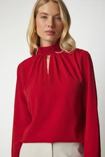 Happiness İstanbul Women's Red Window Detail Flowy Crepe Blouse