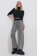 Trend Alaçatı Stili Women's Black-Cream Ethnic Patterned High Waist Knitwear Palazzo Trousers