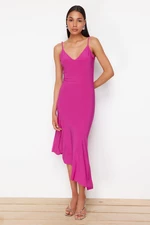 Trendyol Fuchsia Strap V Neck Asymmetric Skirt With Frilly Elastic Knitted Midi Dress