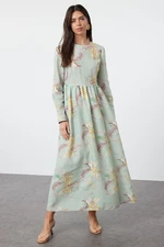 Trendyol Mint Floral Linen Look Woven Dress