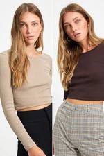 Trendyol Brown-Beige 2-Pack Fitted Wide Collar Corduroy Stretchy Crop Knitted Blouse