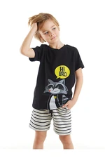 Denokids Raccoon Boys Black T-shirt with Stripes and Shorts Set