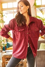 Olalook Women's Claret Red with Double Pockets Thick Ribbed Oversized Corduroy Shirt