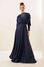 By Saygı Satin Long Dress with Gathered Sleeves, Button Detail, Lined and Beaded Front