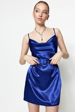 Trendyol Sax With Belt, Woven Satin Elegant Evening Dress