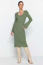 Trendyol Khaki Midi Knitwear Basic Dress with Sleeves Detailed