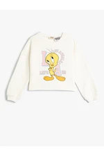 Koton Crop Sweatshirt Tweety Printed Licensed Raised Glitter Print Detailed