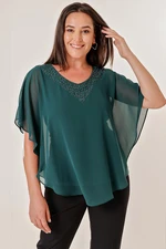 By Saygı V Neck Stone Bead Detailed Chiffon Top B.B. Lycra Blouse