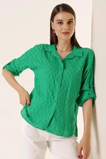 By Saygı Button-Front Polo Collar Shirt with Buttons, Folded Sleeves Dark Green