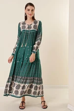 By Saygı Lace-Up Patterned Long Dress Green