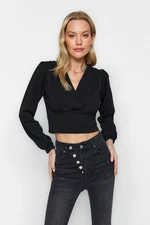 Trendyol Black Crepe Crop Double Breasted V-Neck Knitted Blouse