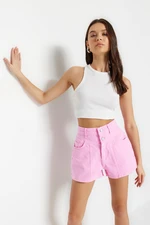 Trendyol Pink Stitching Detail High Waist Denim Shorts