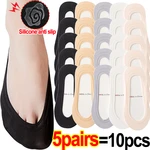 5Pairs Thin Sock Slippers Silicone Antiskid Summer Ice Silk Ankle Sox Slippers Seamless Invisible Women Solid Korean Boat Socks