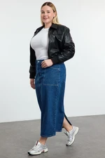 Trendyol Curve Blue More Sustainable Pocket Detail Plus Size Midi Denim Skirt