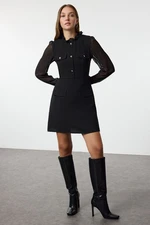 Trendyol Black Chiffon Detailed Sleeve Skater/Waist Opening Stand Collar Tweed Mini Woven Dress