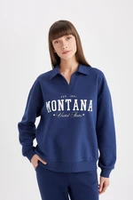 DEFACTO Navy Blue Relax Fit Polo Neck Printed Thick Sweatshirt