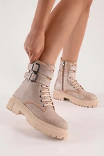 Shoeberry Women's Axandra Beige Suede Thick Sole Stone Boots Beige Suede