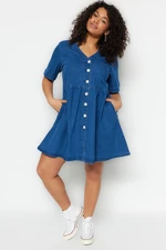 Trendyol Curve Blue Open Waist/Skater V-Neck Denim Dress