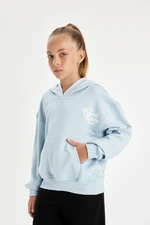 DEFACTO Girl's Blue Pocket Hooded Printed School Sweatshirt