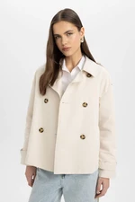 DEFACTO Water Repellent Short Seasonal Trench Coat Double Breasted Collar Buttoned Pockets Epaulettes Belted