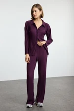 Trendyol Plum Pleated Oversize/Wide Pattern Buttoned Knitted Top-Bottom Set