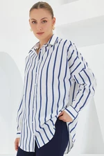 Bigdart Women's White Navy Blue Striped Oversize Basic Shirt 20254