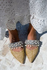 NİŞANTAŞI SHOES Fomax Beige Straw Pearl Detail Women's Heeled Slippers