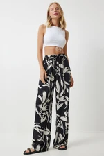 Happiness İstanbul Women's Black Off-White Patterned Loose Viscose Palazzo Trousers