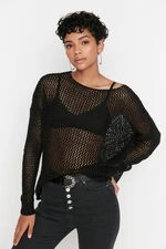 Trendyol Black Extra Wide Fit Cotton Openwork/Perforated Knitwear Sweater