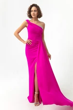 Lafaba Women's Fuchsia One-Shoulder Long Evening Dress with Stones.