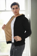 14455 Dewberry Furry Hooded Mens Sports Slim Fit Cardigan-BLACK