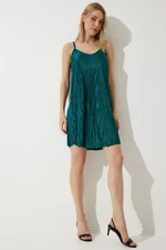 Happiness İstanbul Women's Emerald Green Strappy Pleated Summer Mini Knitted Dress