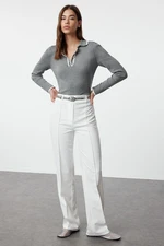 Trendyol Ecru Straight/Straight Cut High Waist Ribbed Stitched Woven Trousers