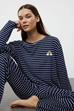 Trendyol Navy Blue Striped Rainbow Printed Viscose Knitted Pajama Set