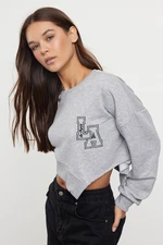 Trendyol Gray Melange Oversize/Wide Fit Asymmetrical Crop Thick Knitted Sweatshirt