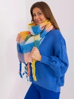 Yellow and blue women's scarf with colorful fringes