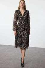 Trendyol Black Floral Belted A-Line Midi Double Breasted Collar Patterned Chiffon Woven Dress