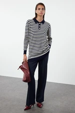 Trendyol Navy Blue Striped Button Detailed Knitwear Sweater