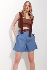 Trend Alaçatı Stili Women's Blue Straw Knit Belt Gabardine Shorts