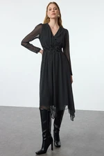 Trendyol Black Polka Dot A-Line Double Breasted Collar Handkerchief Skirt Detailed Lined Chiffon Woven Dress