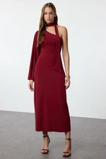 Trendyol Claret Red Plain Tie Detail Midi Scarf Detail Fitted/Fits Body Flexible Knit Dress