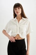 DEFACTO Crop Shirt Collar Twill Short Sleeve Blouse