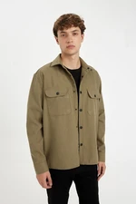 DEFACTO Men's Khaki Relax Fit Relaxed Fit Button-down Waffle Fabric Cotton Blend Long Sleeve Shirt