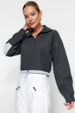 Trendyol Anthracite Crop Parachute Detailed Polo Neck Zipper Stopper Fleece Knitted Sweatshirt