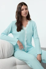 Trendyol Mint Lace Detailed Ribbed Knitted Pajama Set